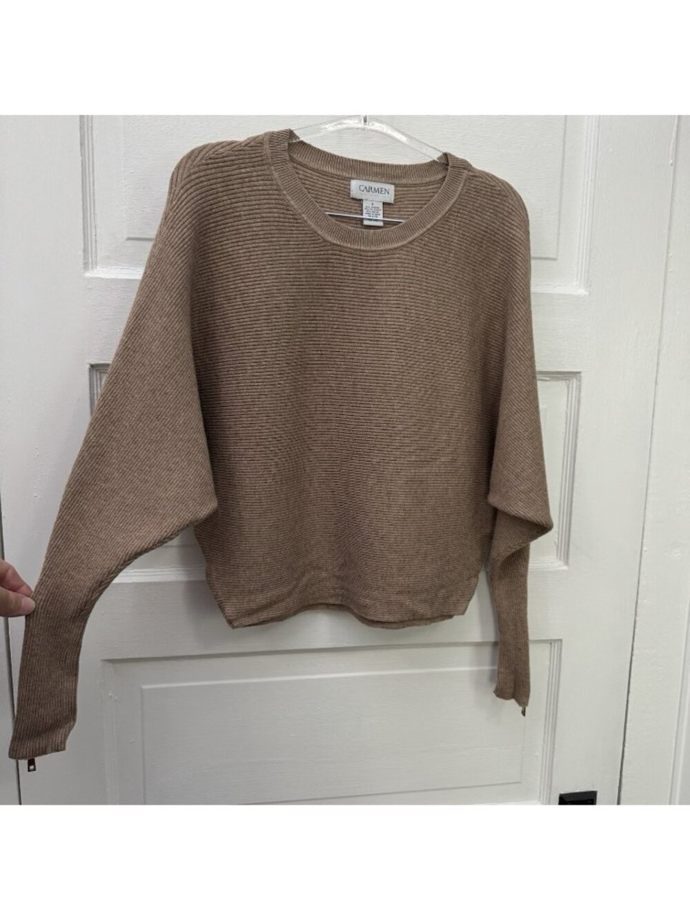 Carmen Marc Valvo Womens S Brown Ribbed Batwing Cropped Sweater Zip Cuffs